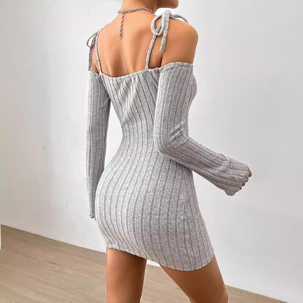 Ribbed Knit Cold Shoulder Tie Strap Long Sleeve Bodycon Mini Dress 4