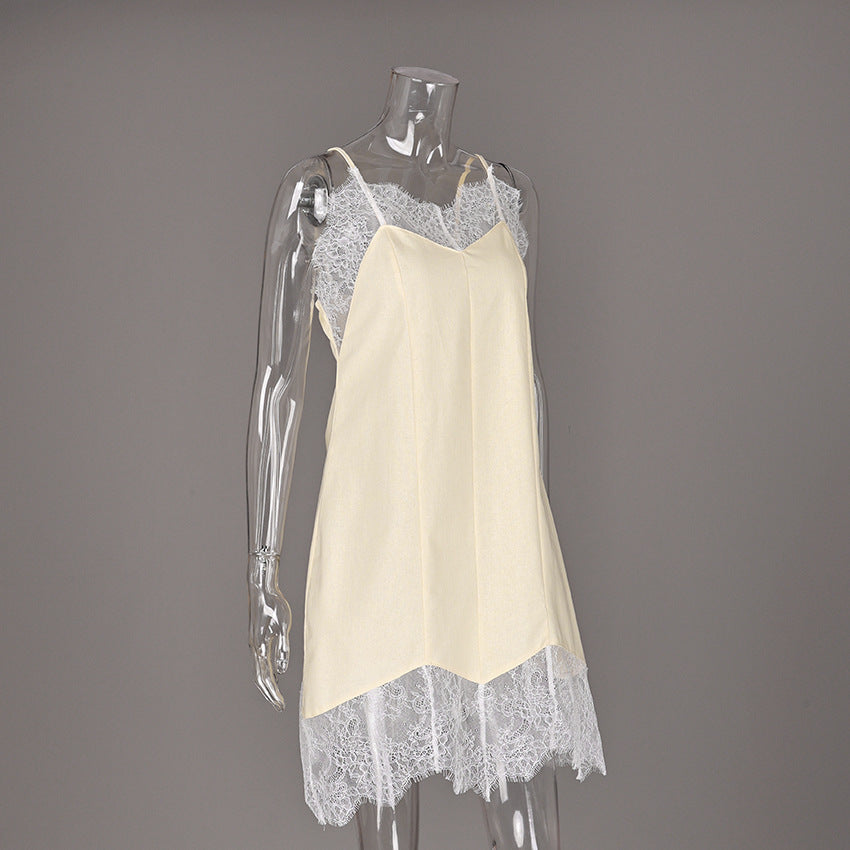 Linen Look Lace Trim Spaghetti Strap Slip Mini Dress 7