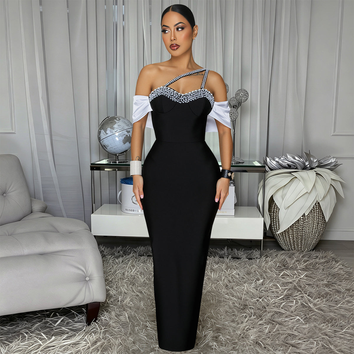 Women Elegant Beaded Off shoulder Evening Gown Hip Fishtail Dress Cocktail Dress