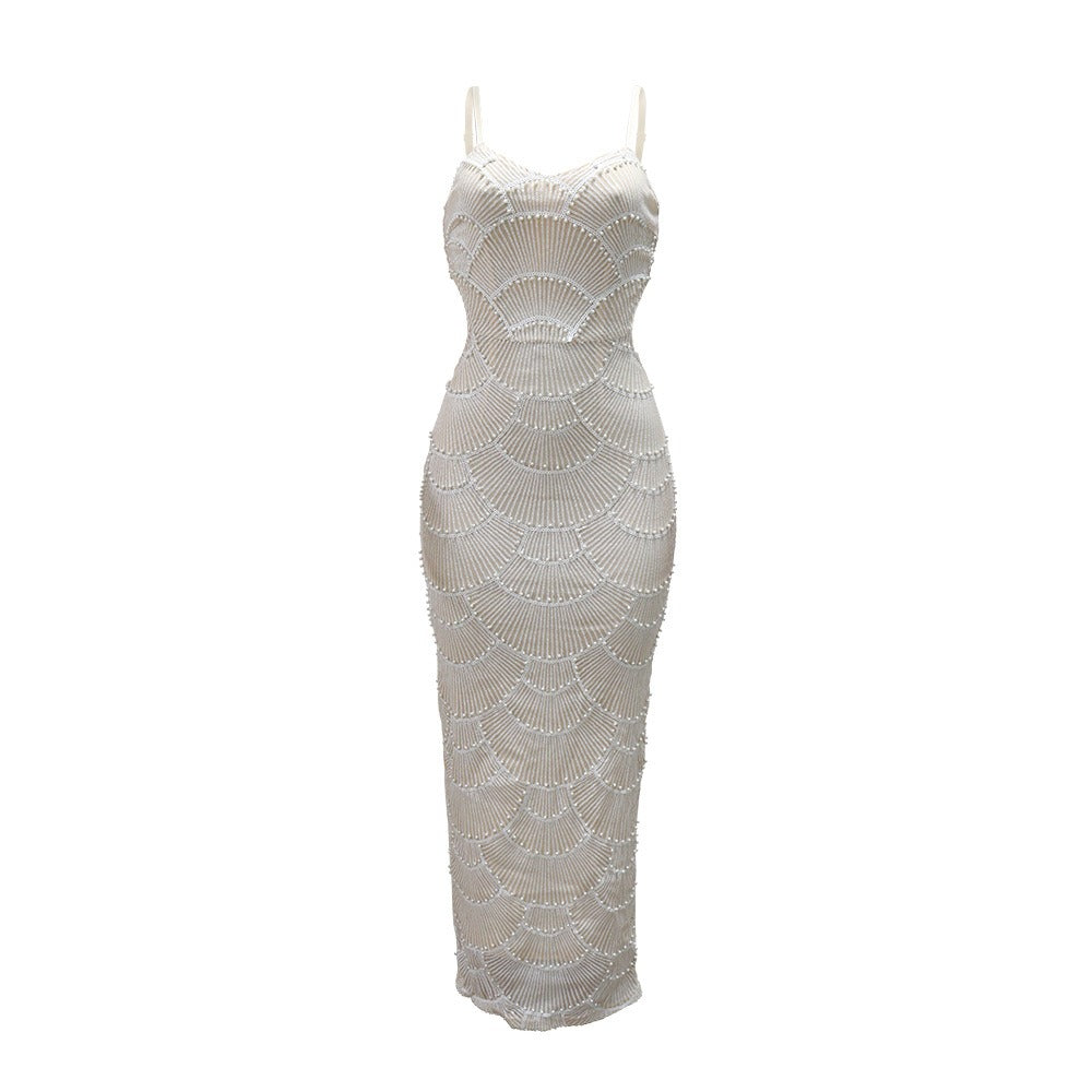 Sequin Faux Pearl Scallop Spaghetti Strap Cut Out Bodycon Midi Dress 7