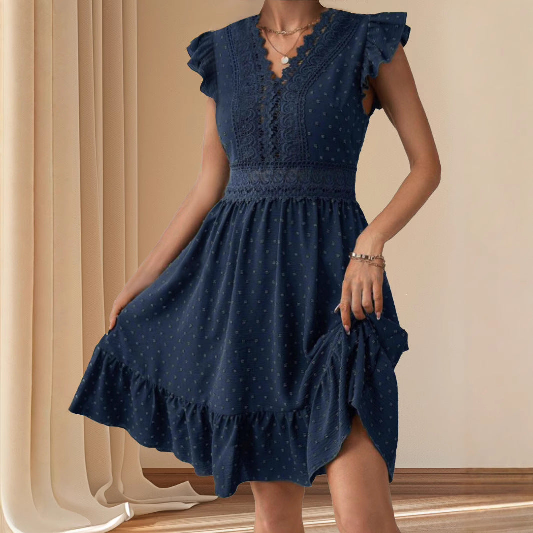 Swiss Dot Lace Trim V-Neck Flutter Sleeve Ruffle Hem Mini Dress