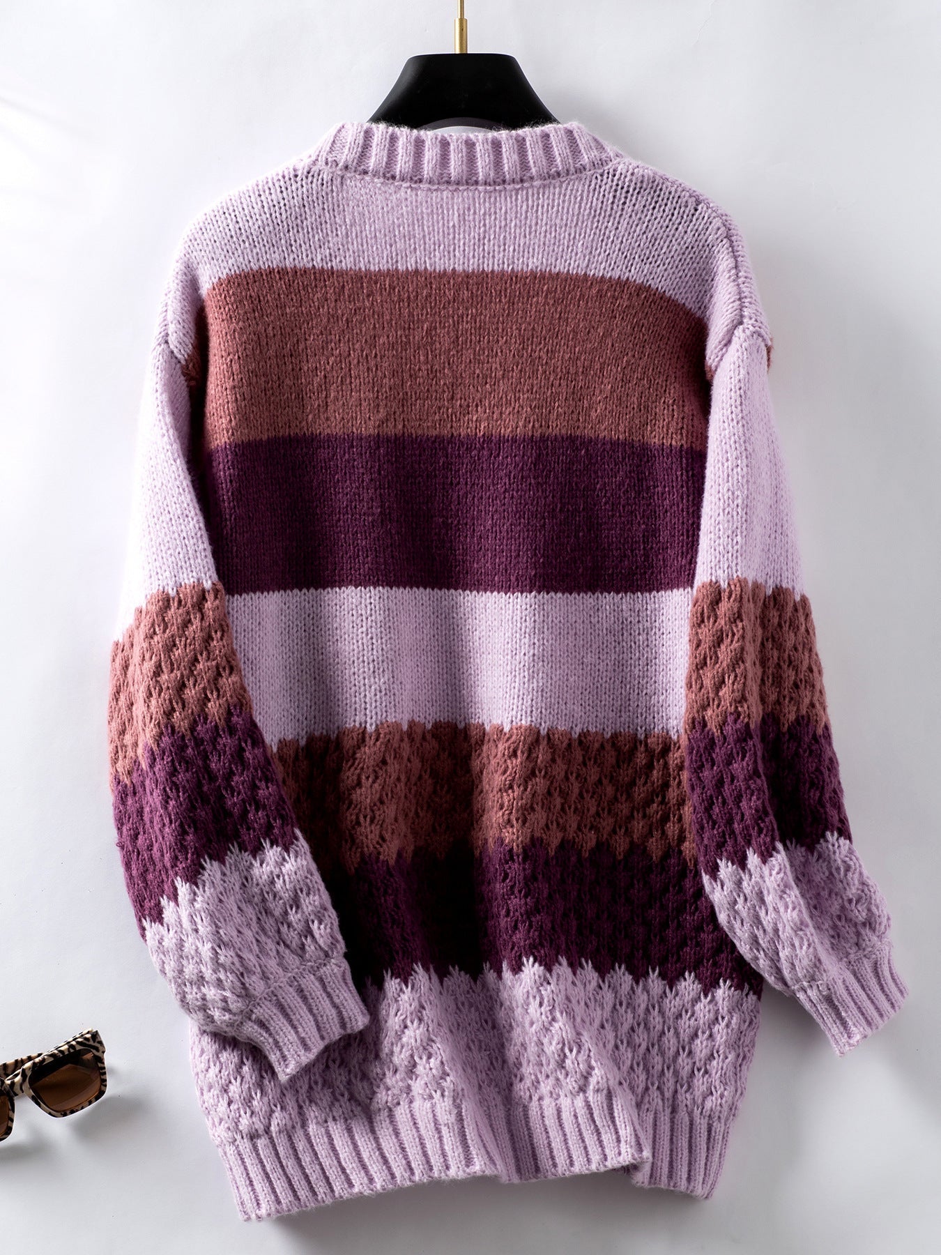 Contrast color wide striped lantern sleeve knitted cardigan