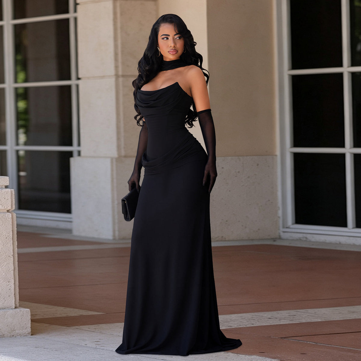 Women Tube Top Elegant Pile Collar Pleated Waist Tight Fishtail Dress