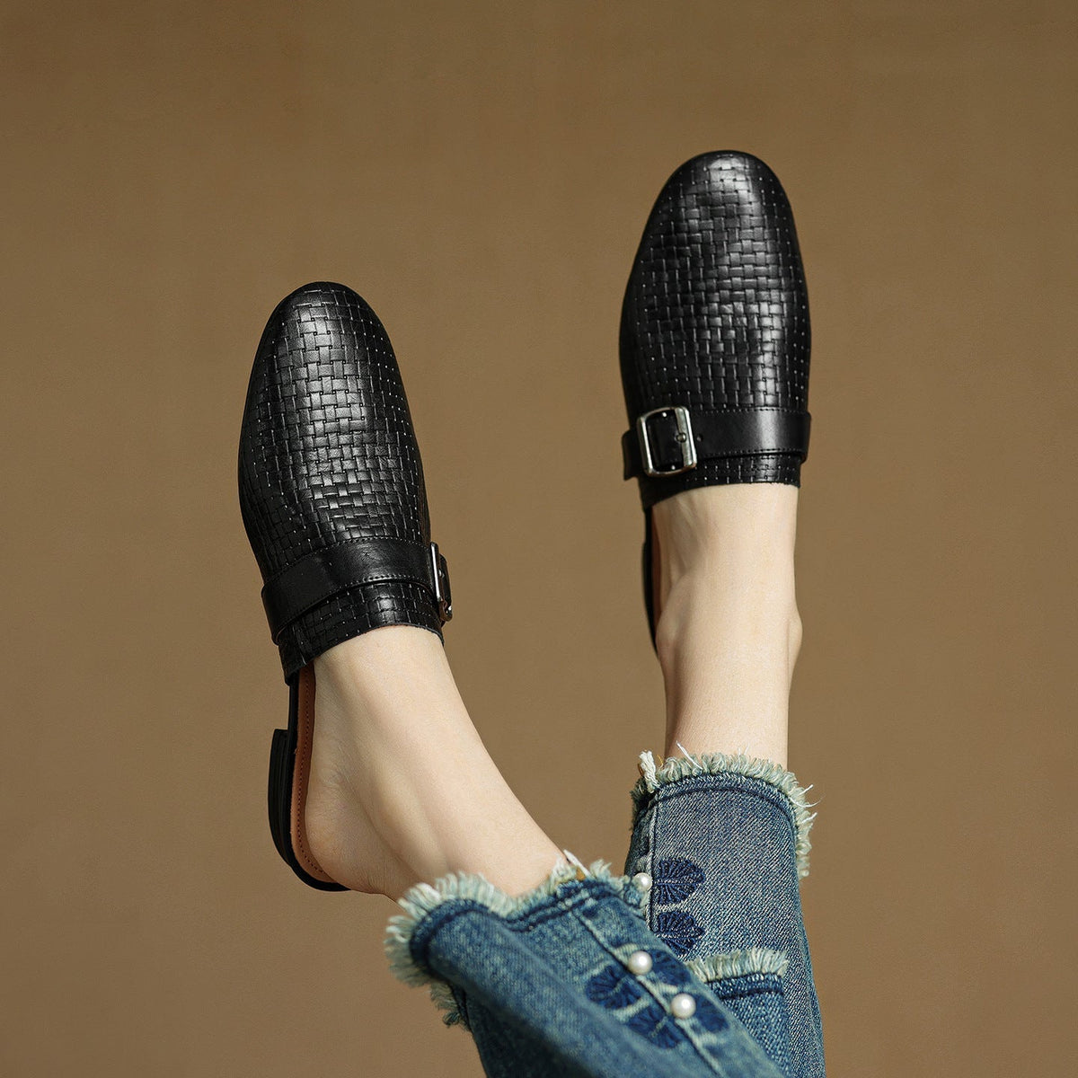 Croc Print Square Toe Buckle Flat Mules