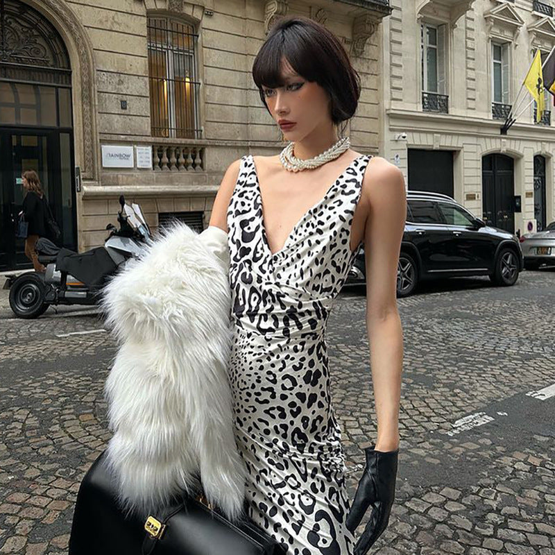 Leopard Print Satin V neck Strap Backless Dress Slim Fit Maxi Dress - View 2