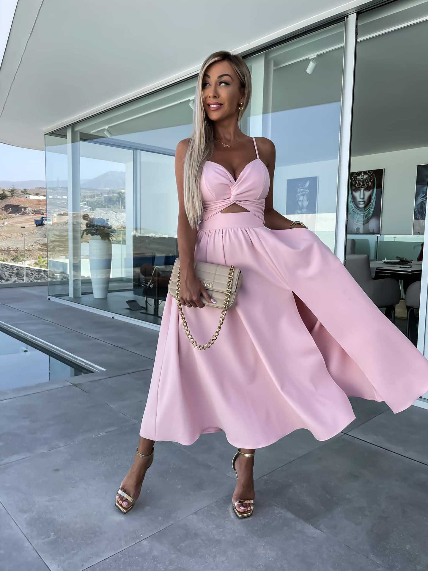 Spaghetti Strap V-Neck Twist Bust Cut Out High Split A-Line Maxi Dress