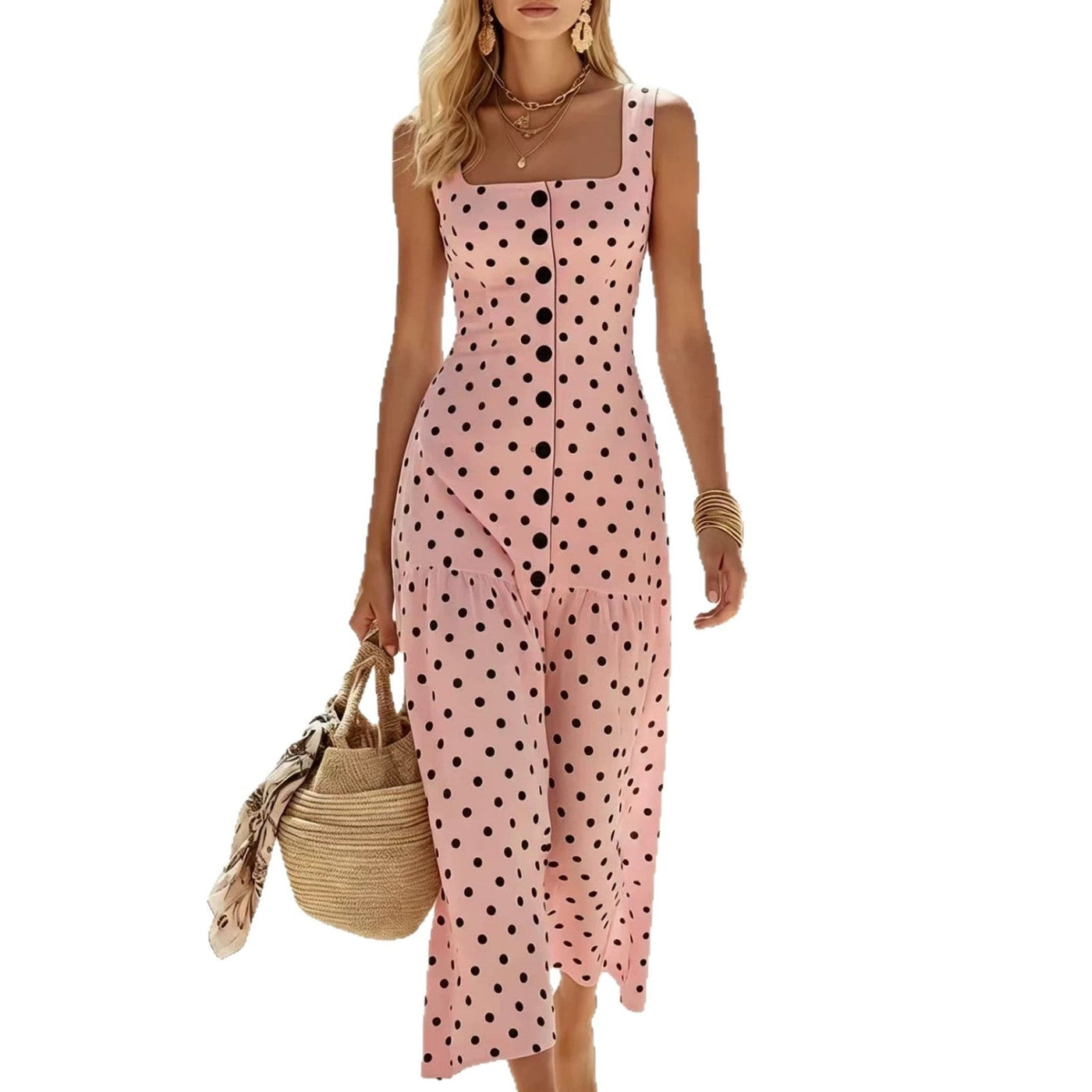 Polka Dot Square Neck Sleeveless Tiered Midi Dress 5