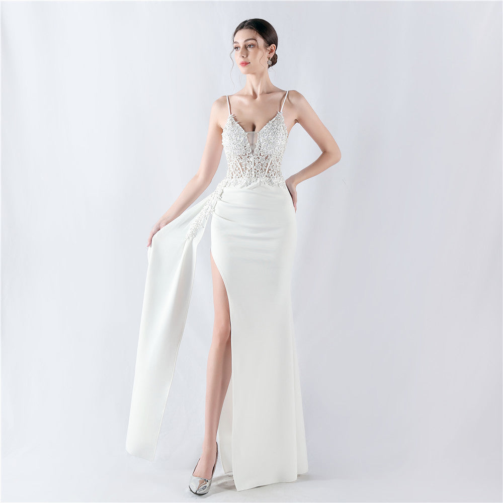 Dress Heavy Embroidery Drilling Order Floral Tight Waist Boning Corset Satin Evening Dress Annual Meeting Wedding