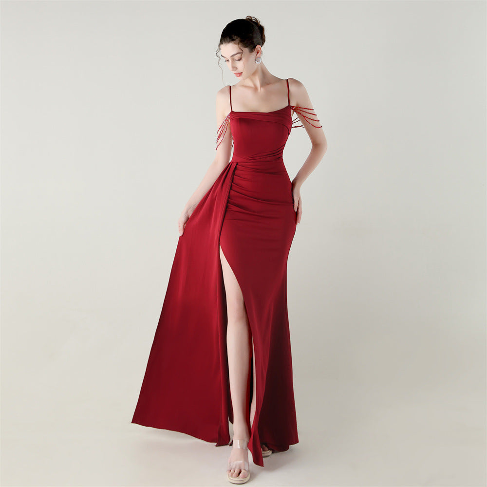 Bandeau Sling Satin Craft Beaded Chain Fishtail Evening Dress Dinner Wedding Ball - FashionAxe
