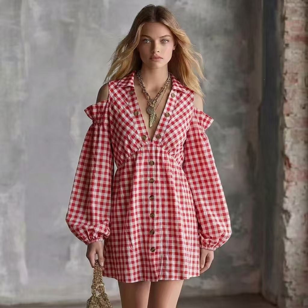 Fall Vintage off the Shoulder Lantern Sleeve Plaid Long Sleeve Elastic Waist Office Dress