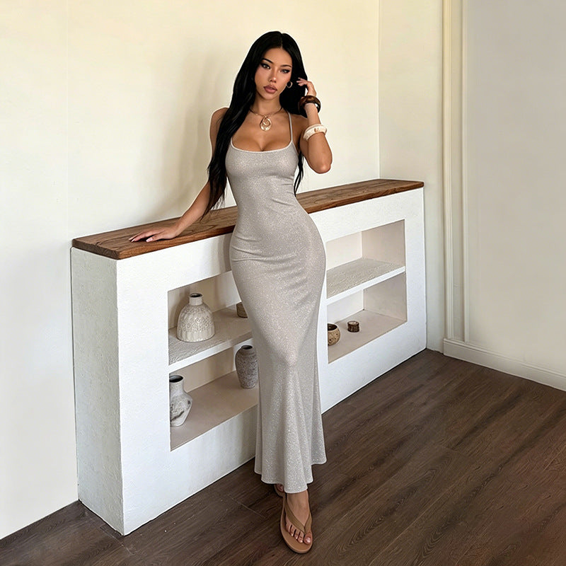 Thin Glittering Fabric Dress Sexy Low Collar Slim Fit Slimming Spaghetti Straps Dress