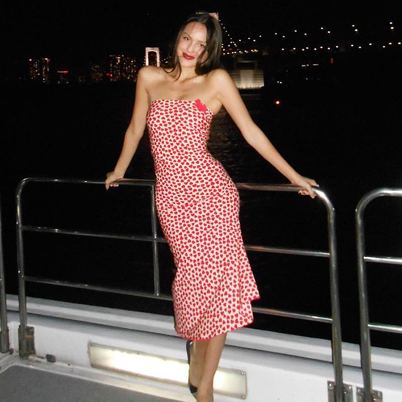 Heart Print Strapless Bow Detail Mermaid Hem Bodycon Midi Dress