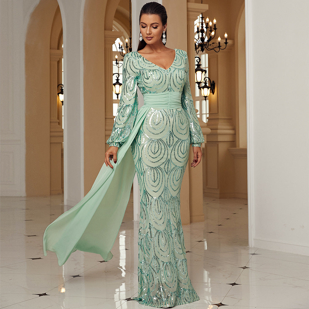 Sequin V-Neck Long Sleeve Mermaid Evening Gown