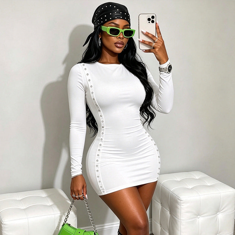 Women Clothing Autumn Winter Solid Color Casual Eyelet round Neck Long Sleeve Skinny Sheath Dress