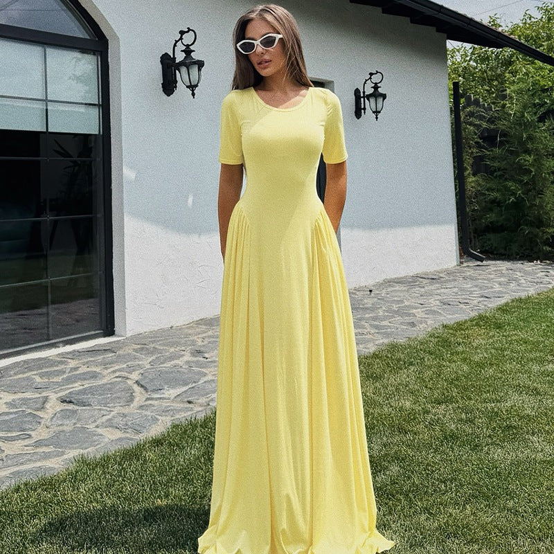 Scoop Neck Short Sleeve Fitted Waist Pleated Flowy Maxi Dress 3
