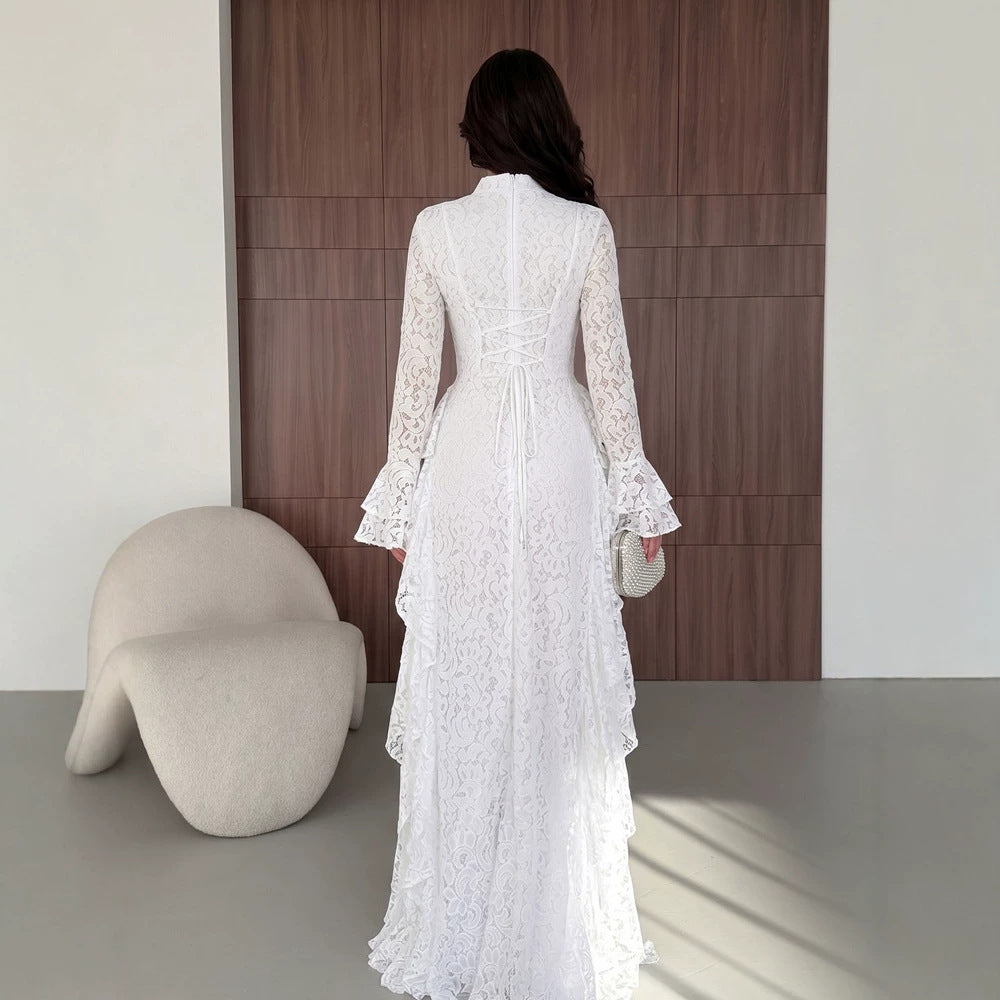 Autumn French Women Bell Sleeve Elegant Long Lace Dress Lace Long Sleeve Waist Tight