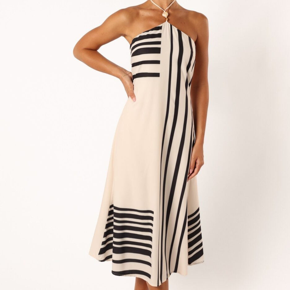 Dress Spring Summer Sexy Halter Backless Striped Midi Dress