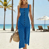 Polka Dot Square Neck Sleeveless Tiered Midi Dress