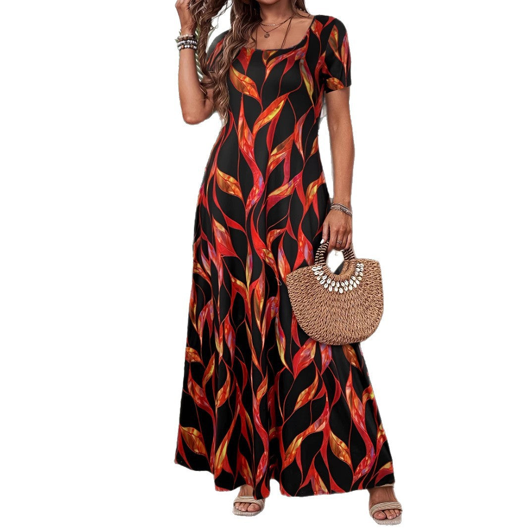 Leaf Print Scoop Neck Short Sleeve Maxi Dress 5