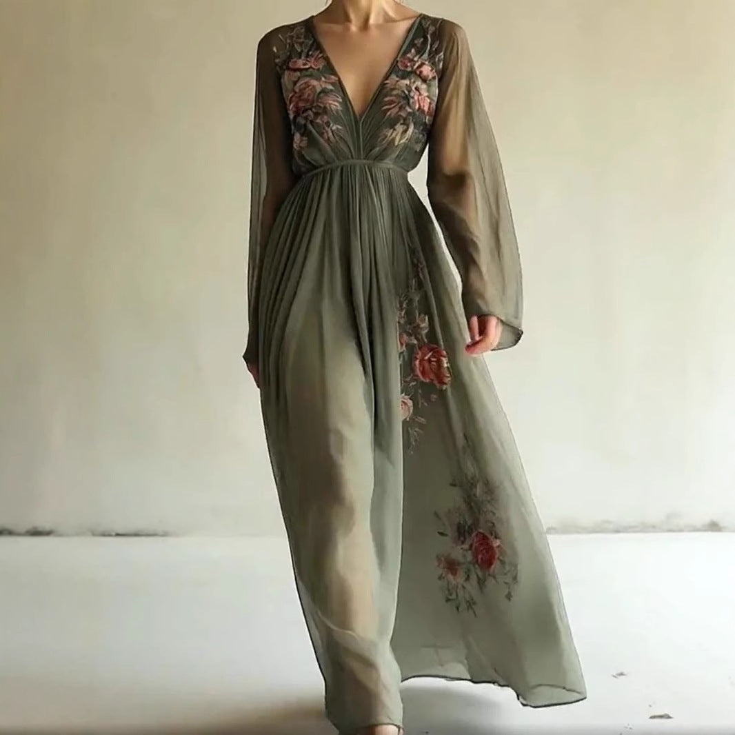 Floral Embroidered Chiffon Deep V-Neck Long Sleeve Maxi Dress