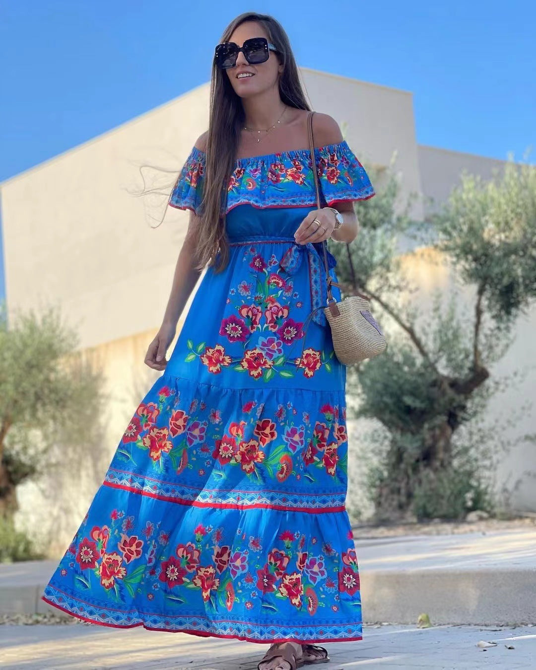 Off Shoulder Floral Ruffle Tiered Belted Maxi Dress 8