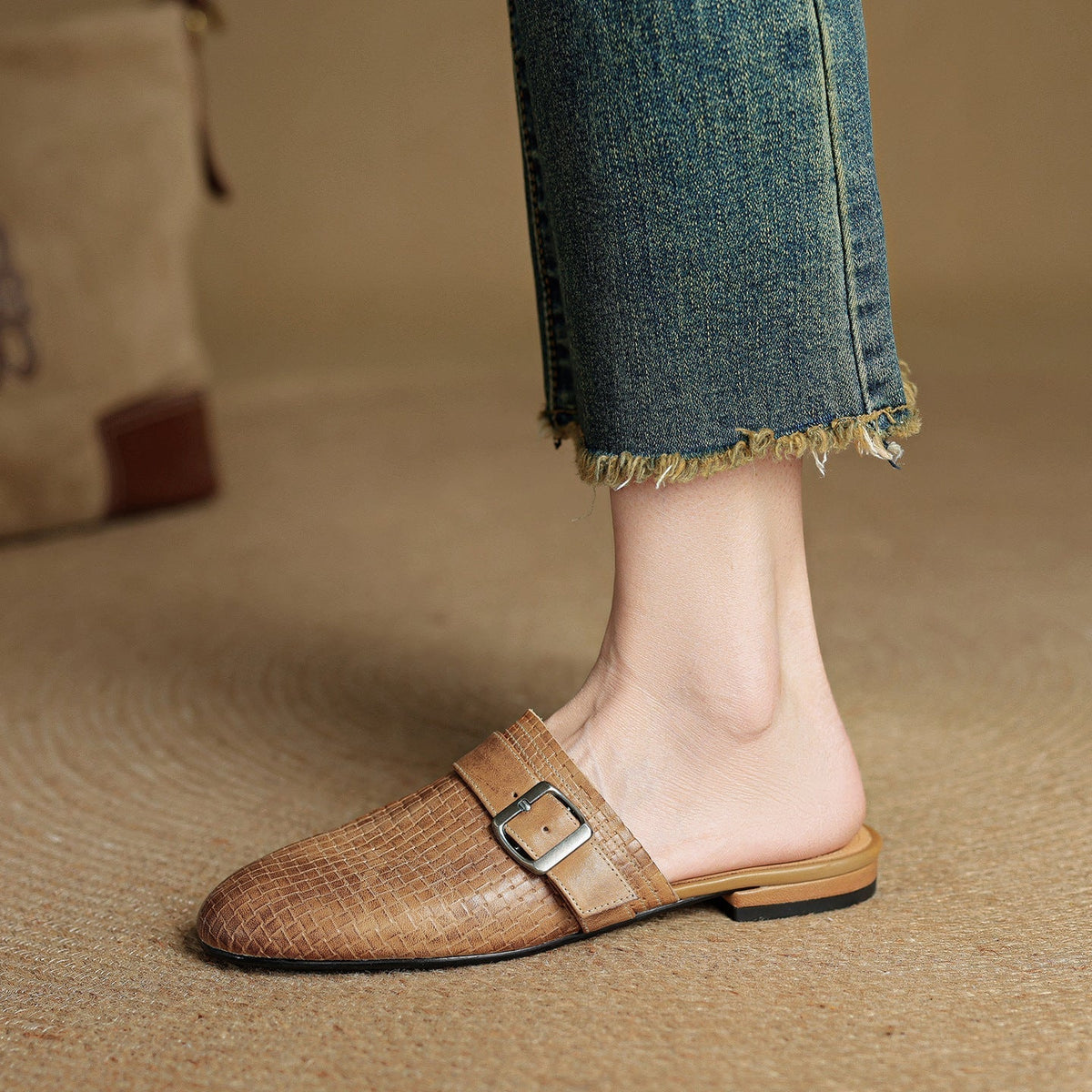 Croc Print Square Toe Buckle Flat Mules