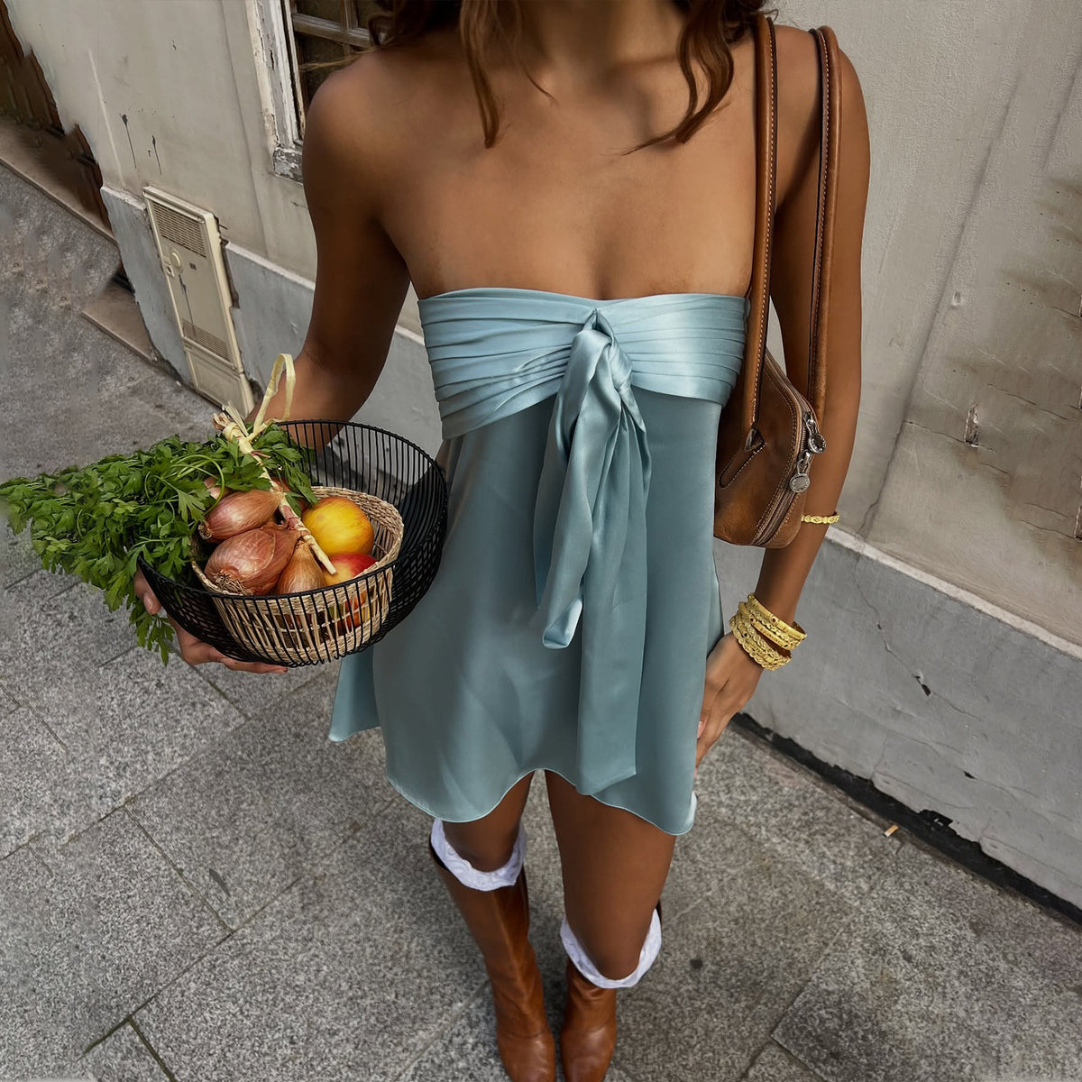 Satin Strapless Tie Front Bandeau Flowy Mini Dress 2