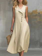 Sleeveless Lapel Button Front A-Line Linen Midi Dress 6