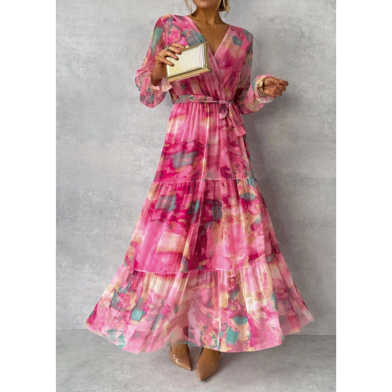 Trinity - Pleated V-Neck Boho Maxi Dress Rose Red