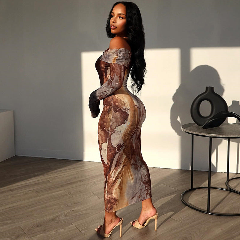 Women Clothing Vintage Print Sexy Off The Shoulder Long Sleeve One Step Dress Dress