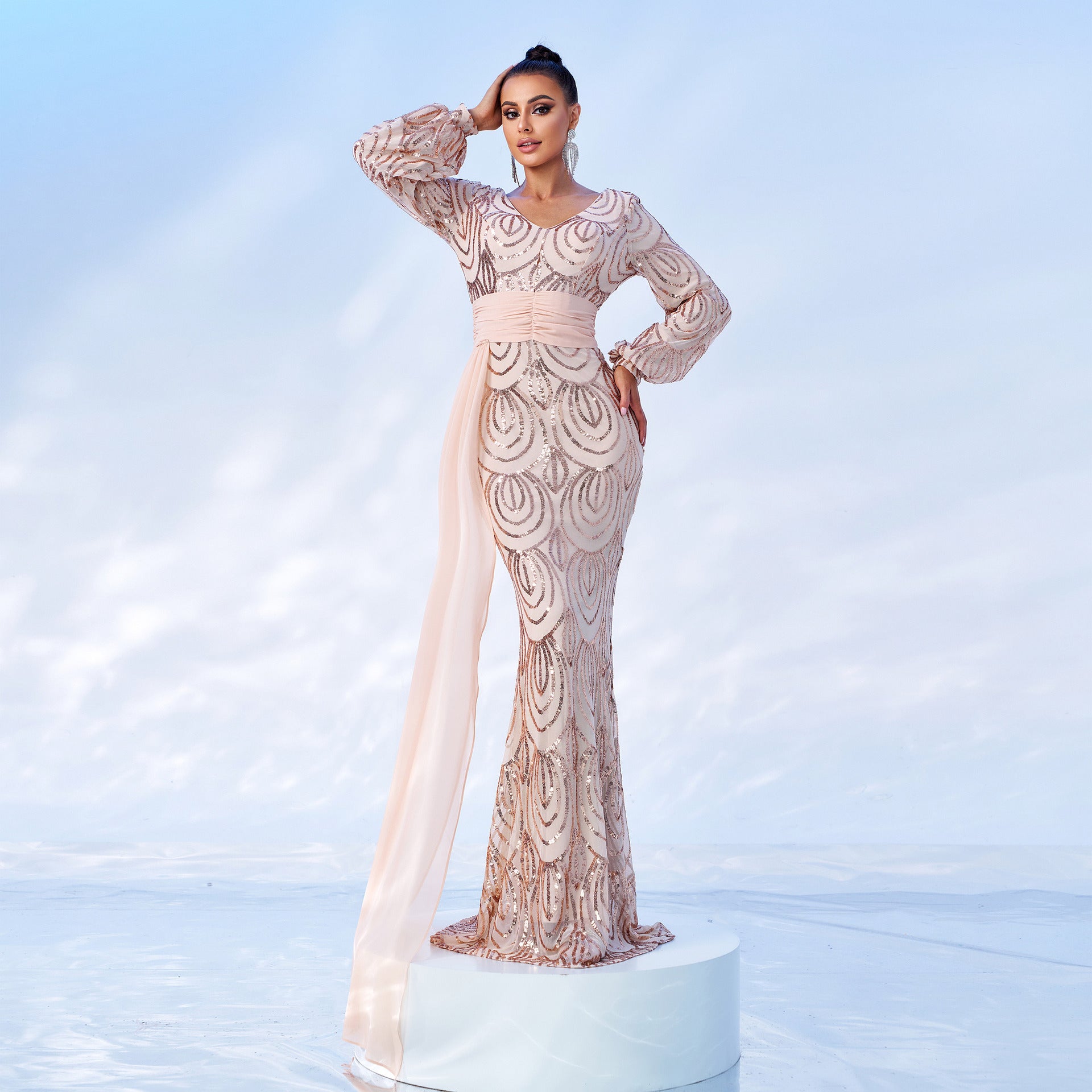 Sequin V-Neck Long Sleeve Mermaid Evening Gown