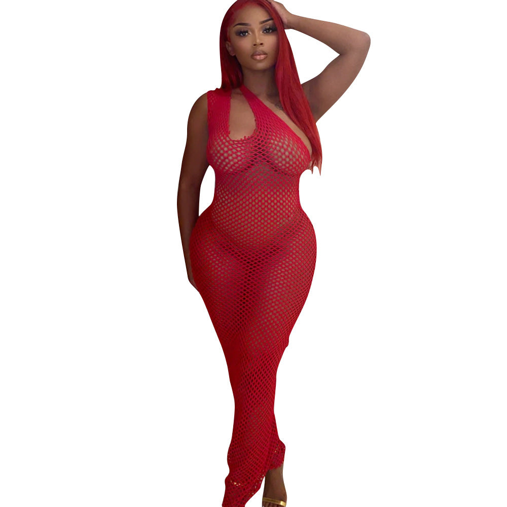 Fishnet Knit Halter Neck Sheer Bodycon Midi Dress 9