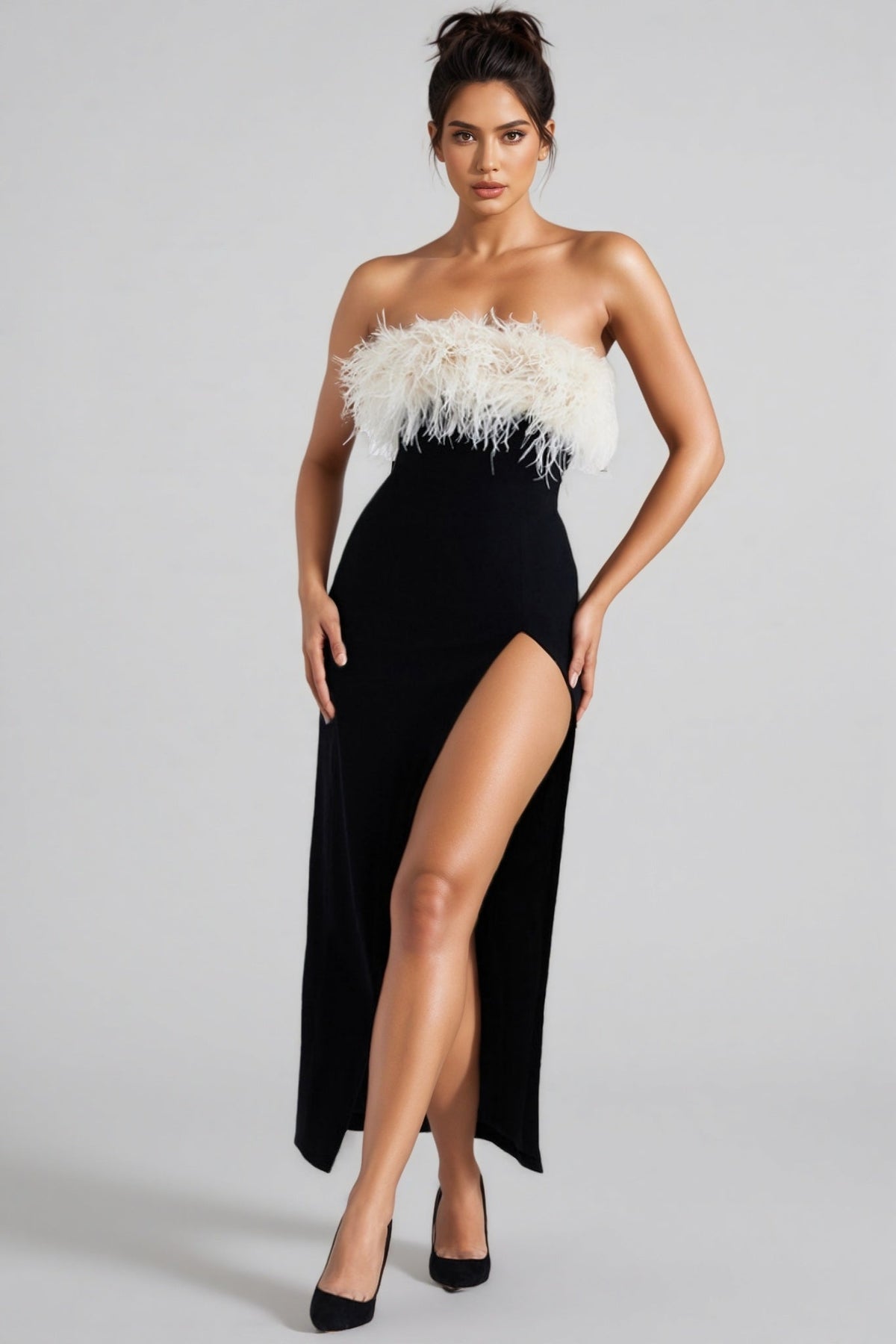 Strapless Feather Trim Bust High Split Bodycon Midi Dress
