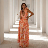 Floral Deep V-Neck Ruffle Cut Out High Low Dress 8