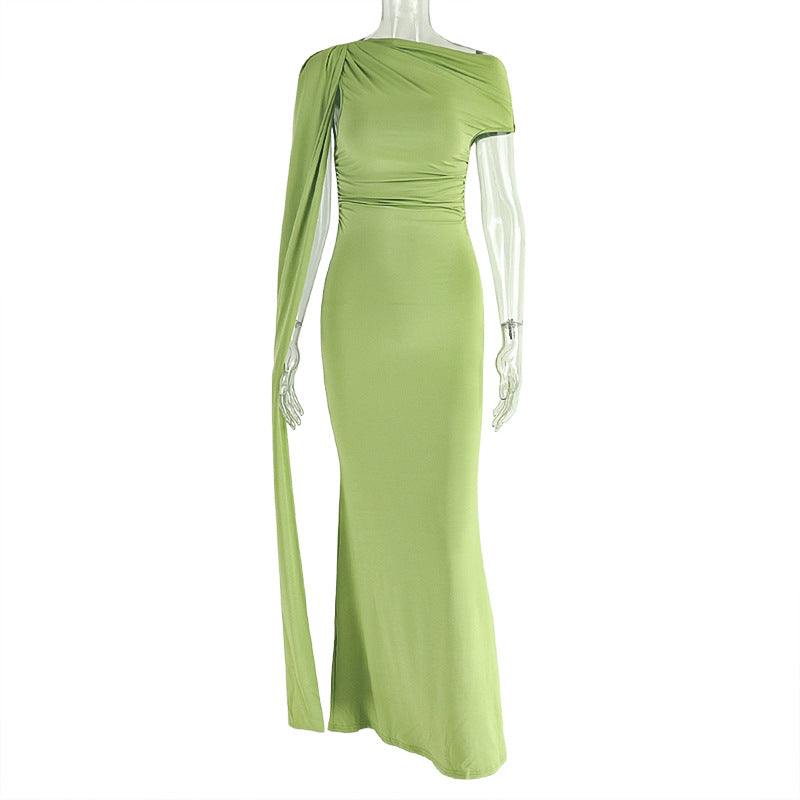 Draped Cape Sleeve Asymmetric Neck Ruched Bodycon Maxi Dress 2