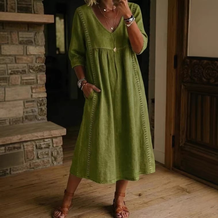 V-Neck Lace Trim Linen Pocket Midi Dress 4