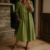 V-Neck Lace Trim Linen Pocket Midi Dress 4