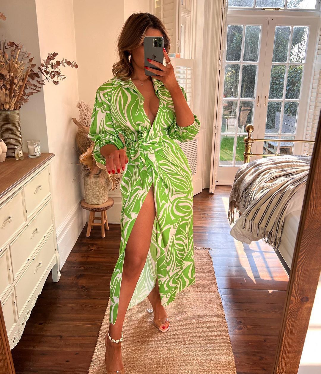 Abstract Print Collared Button Front Tie Waist High Split Maxi Shirt Dress 6