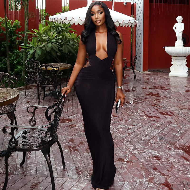 Deep V-Neck Halter Side Cut Out Ruched Bodycon Maxi Dress