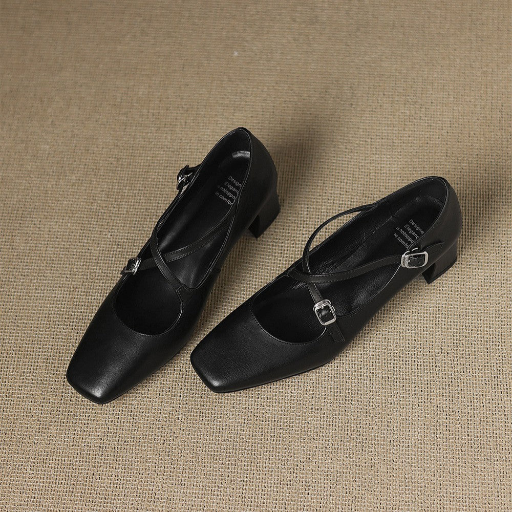 Square Toe Double Buckle Strap Block Heel Mary Jane Pumps