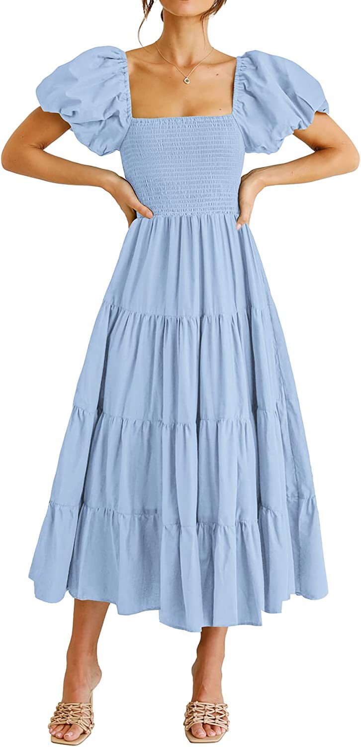 Square Neck Puff Sleeve Smocked Bodice Tiered Midi Dress 8