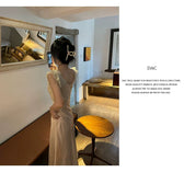 Deep V-Neck Lace Trim Rosette Satin Dress 6