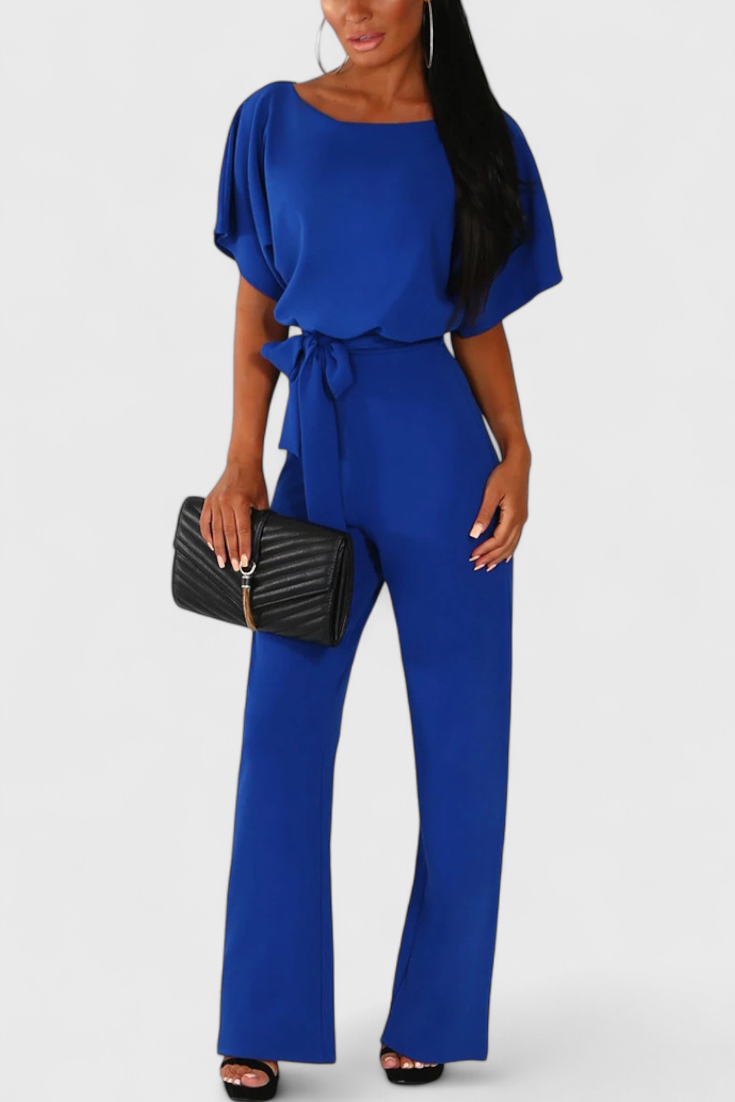 Boat Neck Batwing Sleeve Belted Wide Leg Jumpsuit