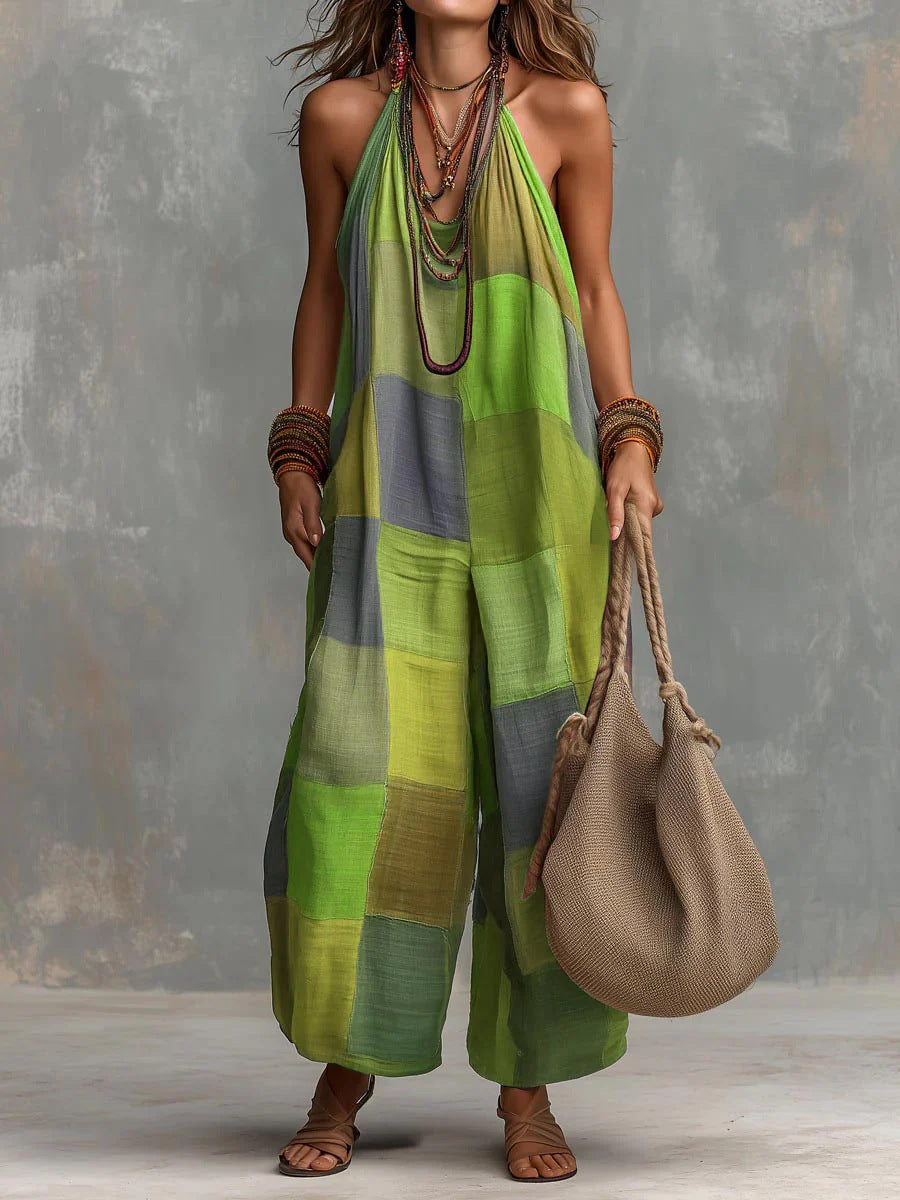 Colorblock Patchwork Halter Neck Wide Leg Jumpsuit