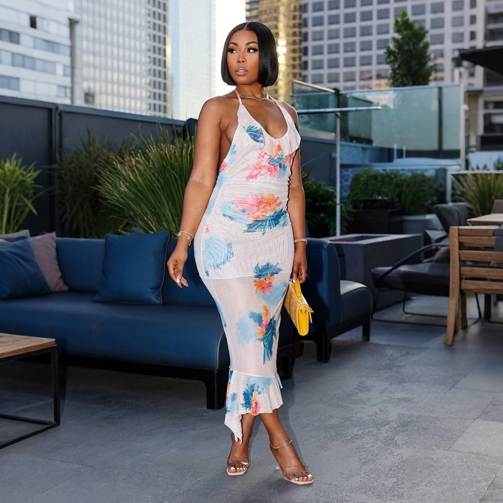 Floral Print Halter Neck Backless Bodycon Ruffle Mermaid Hem Midi Dress 3
