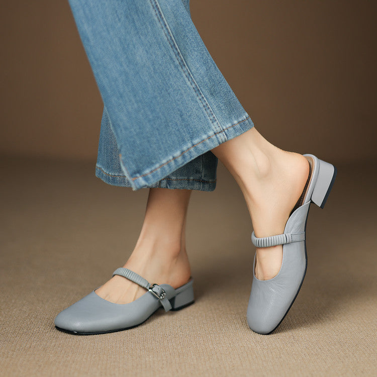 Square Toe Buckle Strap Mary Jane Mules