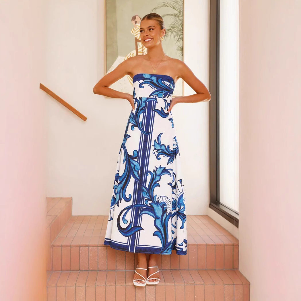 Baroque Scroll Print Strapless A-Line Maxi Dress 2