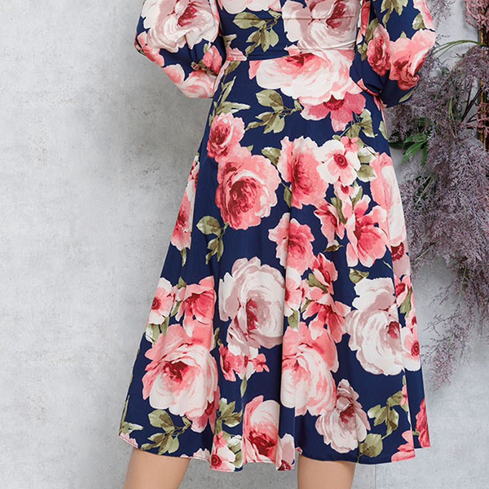 Printed Crew Neck Long Sleeve Slim Fit Boho Dress