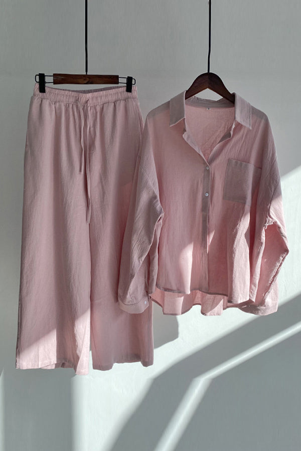 Button Blouse Wide Leg Pants Set