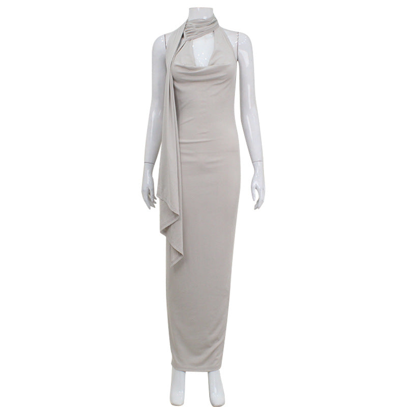 Ribbed Knit Halter Cowl Neck Keyhole Scarf Back Bodycon Maxi Dress 7